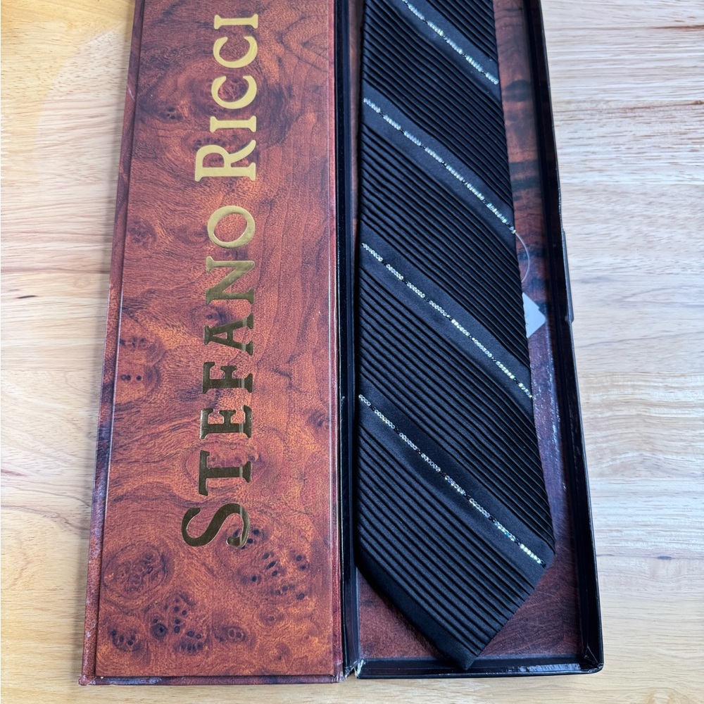 Stefano Ricci Black Pleated Silk Tie with Swarovski Crystals